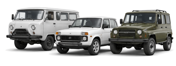 UAZ-452 „Buchanka“, Lada Niva Legend und UAZ Hunter (von links nach rechts)
